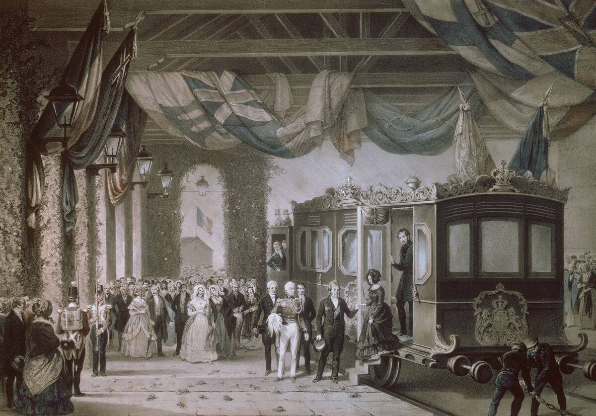 Queen Victoria and Prince Albert arriving at Gosport Station, Hampshire, 1846.