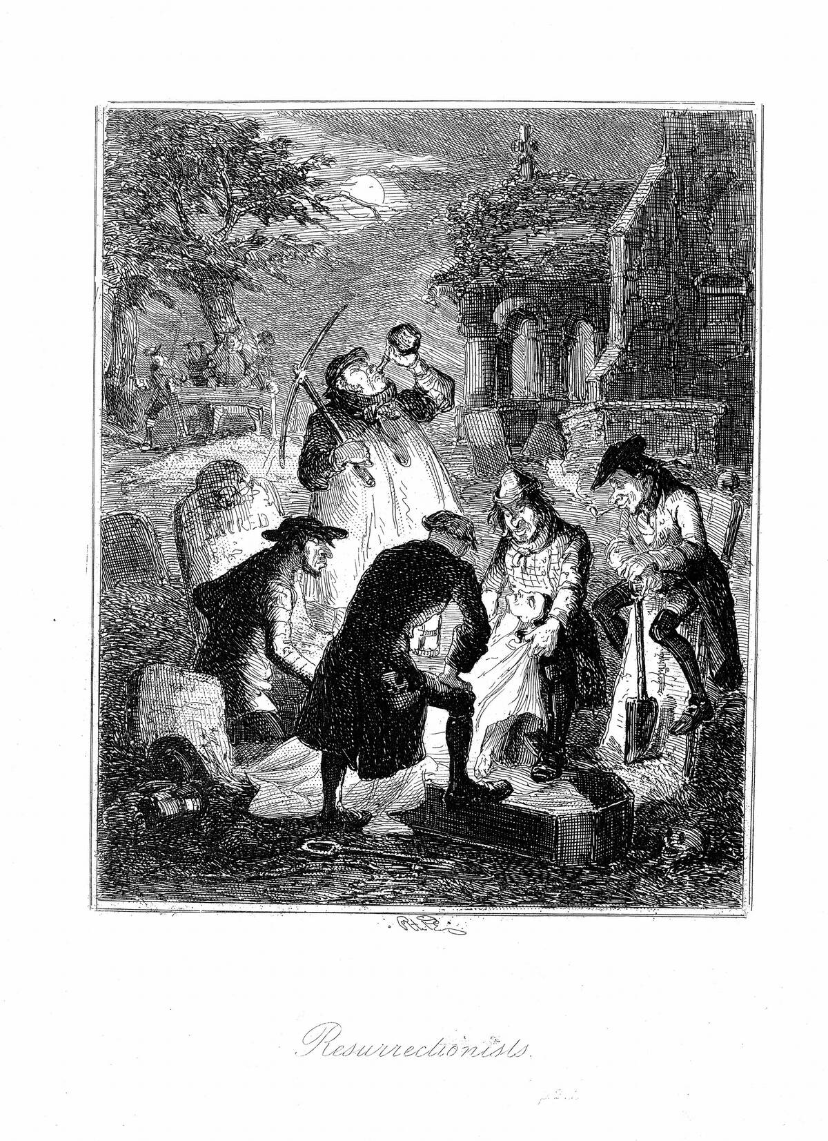 Resurrectionists or Body Snatchers raiding cemetery to provide a cadaver for dissection. Illustration by 'Phiz' (Hablot Knight Browne) from Camden Pelham The Chronicles of Crime, London, 1887.