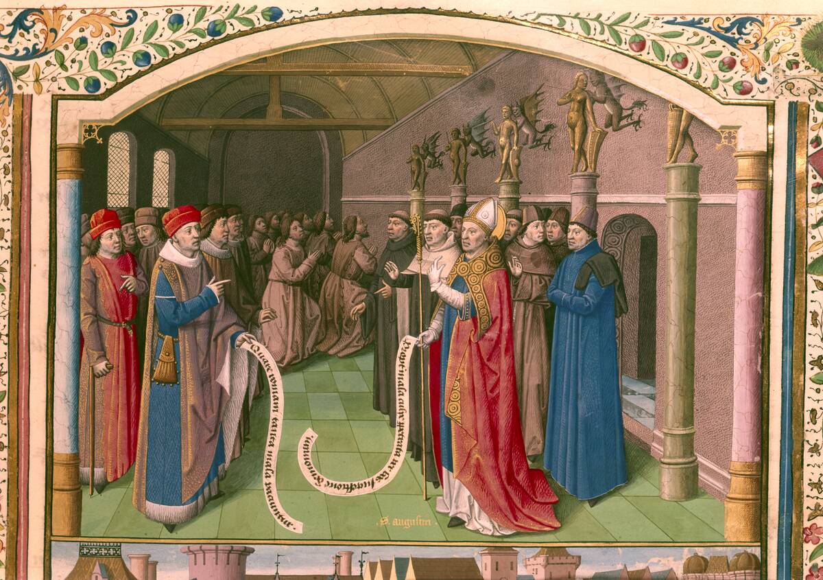 'St Augustin, Bishop of Hippo in discussion'.