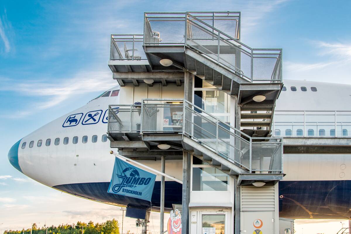 Stockholm, Arlanda, Sweden - The Jumbo Stay (Jumbohostel), a hostel that is a converted Boeing 747 airliner. It is located at the entrance of the Stockholm Arlanda Airport.