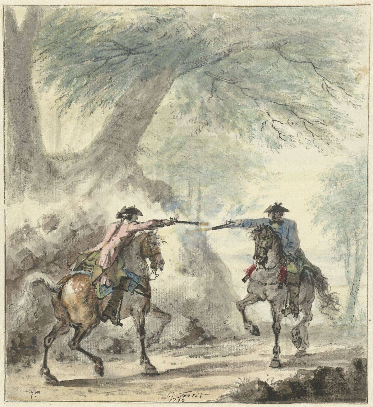 Two Horsemen Meet On A Forest Road And Fire At Each Other