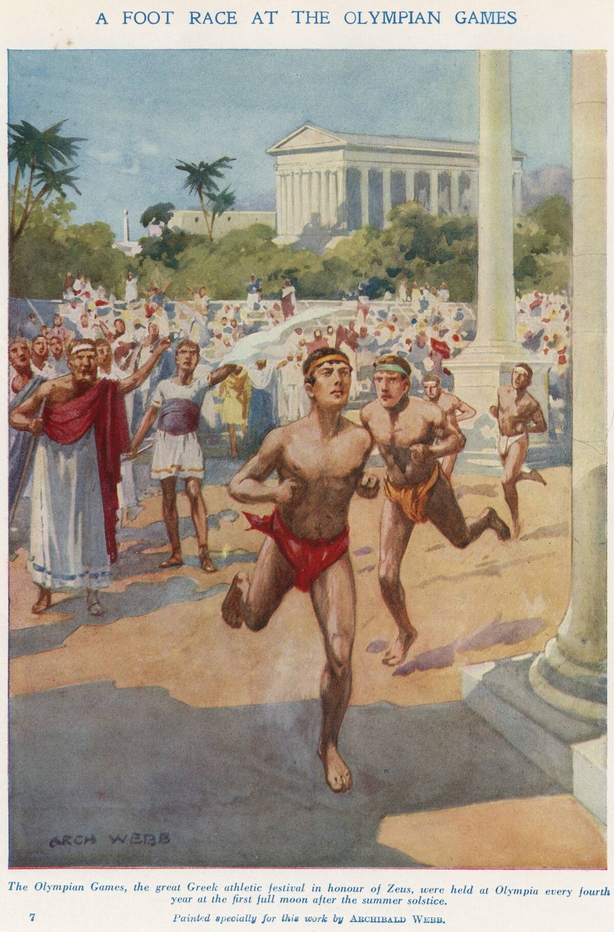 Ancient Olympic Games held in the honour of Zeus. Runners competing in a foot race. Early 20th century illustration.