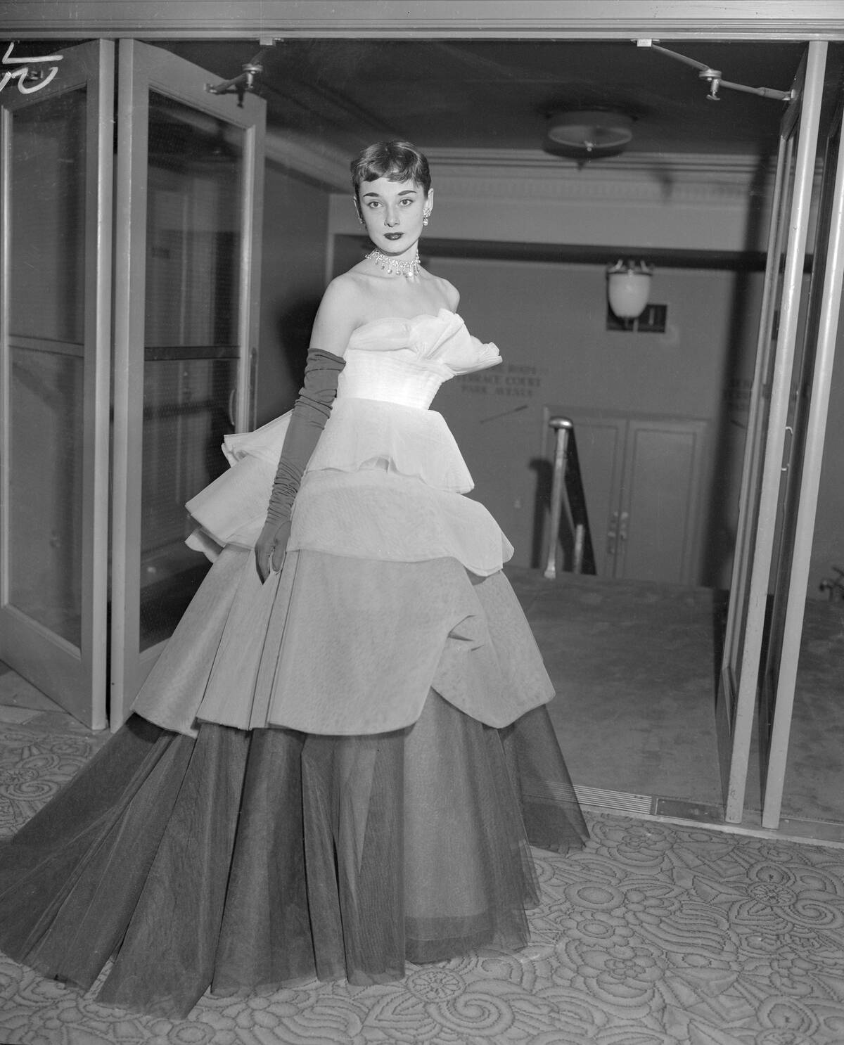 Audrey Hepburn Wearing Tiered Evening Gown
