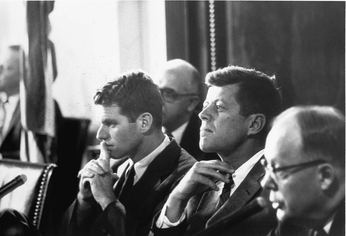 Robert and John F. Kennedy at the Mclellan hearings on labor racketeering, aimed at Jimmy Hoffa and the Teamsters Union.