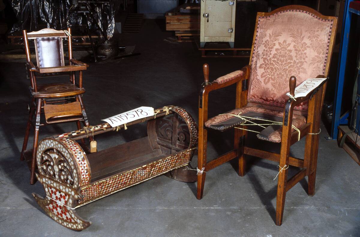 A collapsible parturition chair, a childs high chair and a cradle, 1701-1830.