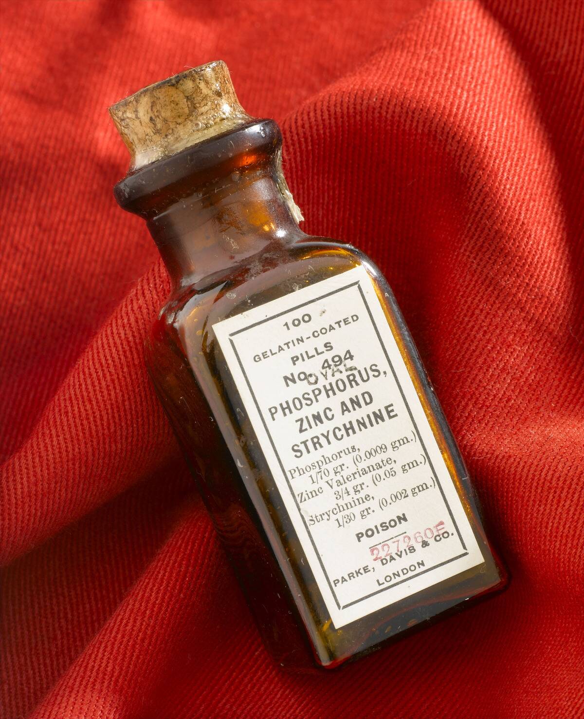 Bottle of phosphorus, zinc and strychnine pills. London, England, 1920-1940.