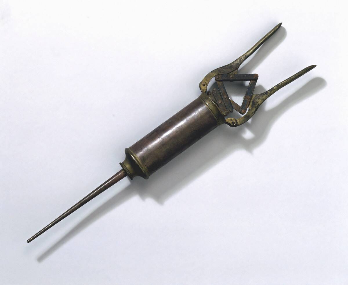 Brass enema syringe, possibly Portugese, 18th century.
