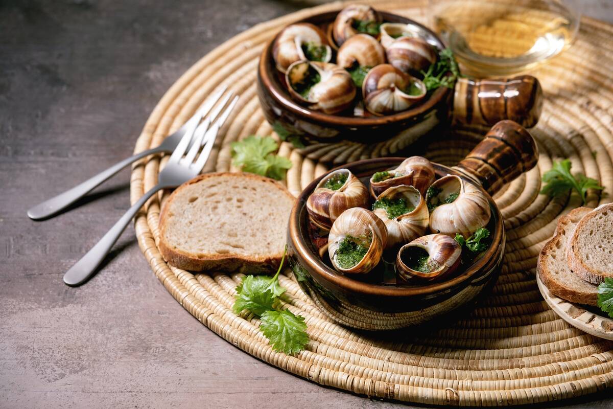 Escargots de Bourgogne - Snails with herbs butter, gourmet dish, in two traditional ceramic pans with coriander, bread and glass of white wine on straw napkin over brown textured background.