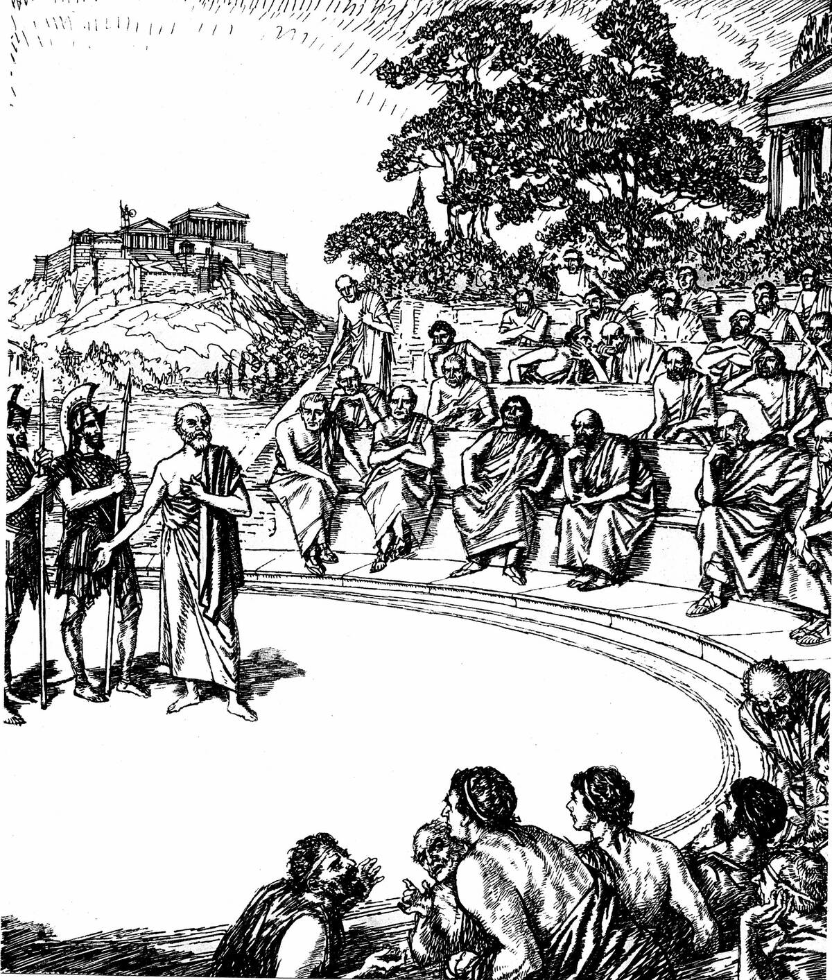 Socrates (439-399) Ancient Greek philosopher. Socrates on trial for 'corrupting youth' and 'impiety'. Sentenced to death by drinking hemlock. 19th century illustration.