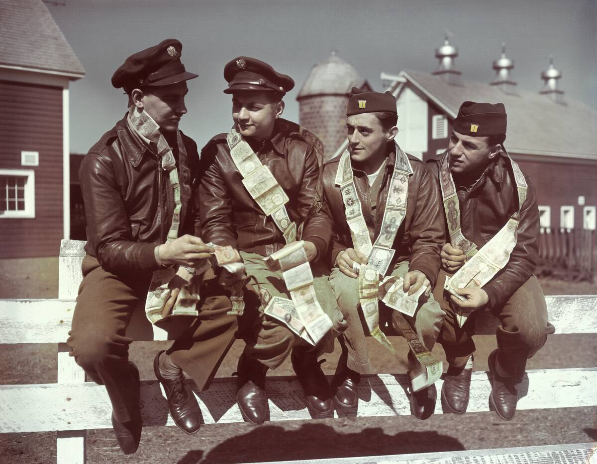 Air Force Gunners Comparing Short Snorter Paper Money