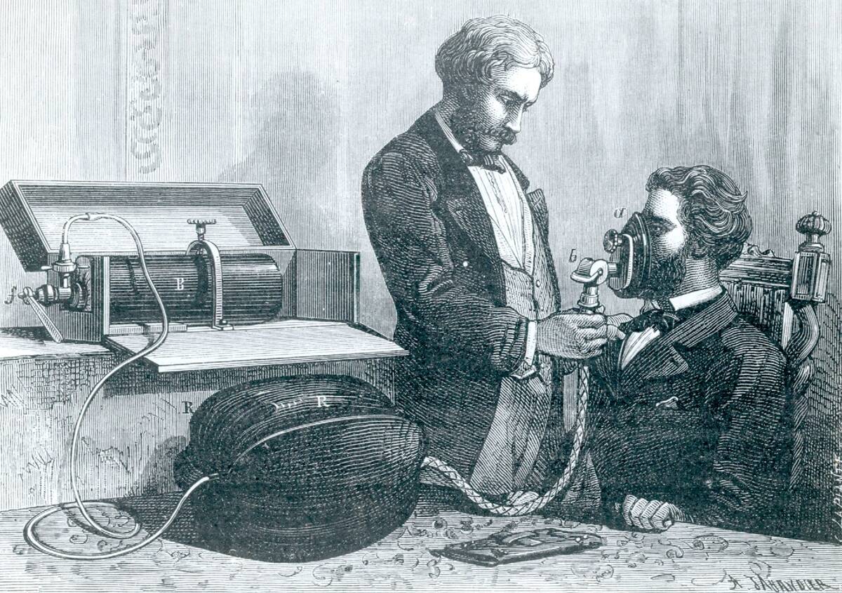 Apparatus for the administation of laughing gas (nitrous oxide) developed in England. From La Nature, Paris, 1874.