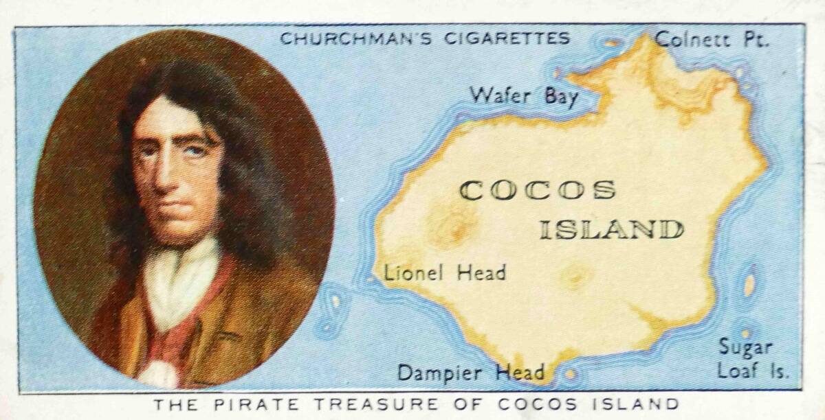 Churchman's Cigarette card depicting the pirate treasure of Cocos Island.