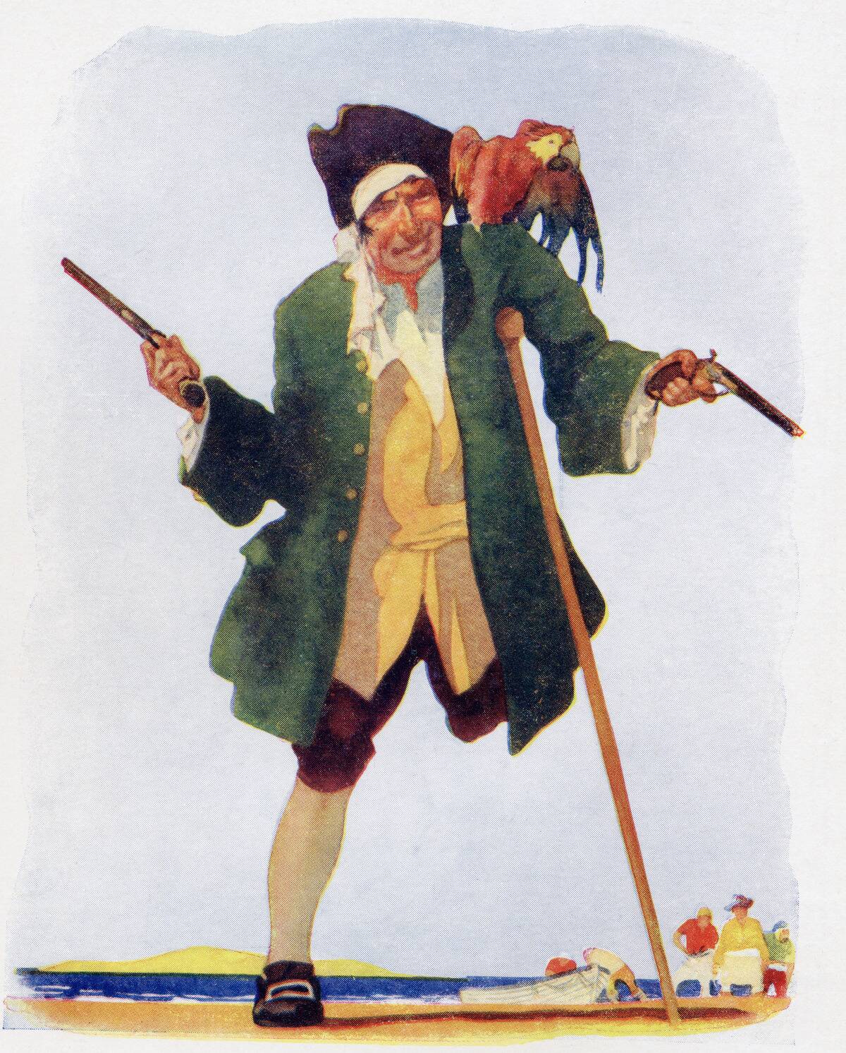 Long John Silver. From the book Treasure Island by R.L. Stevenson. Thomas Nelson & Sons edition c.1930.
