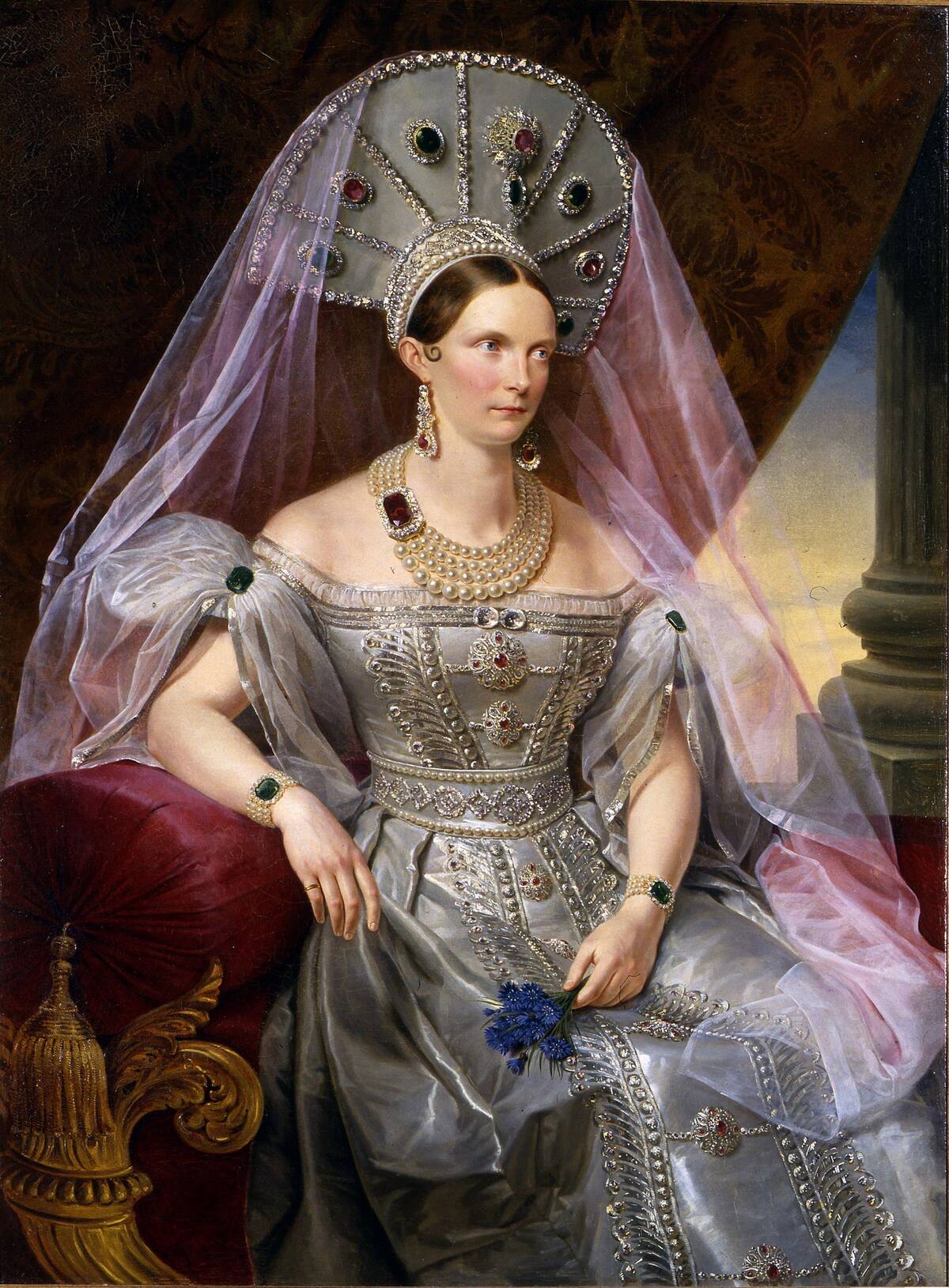 Portrait of Empress Alexandra Fyodorovna (Charlotte of Prussia), in kokoshnik, ca 1836