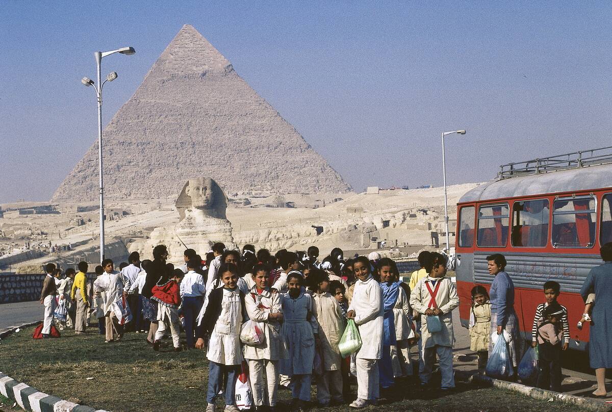 School Children in front of the Sphinx and Chefron Pyramid