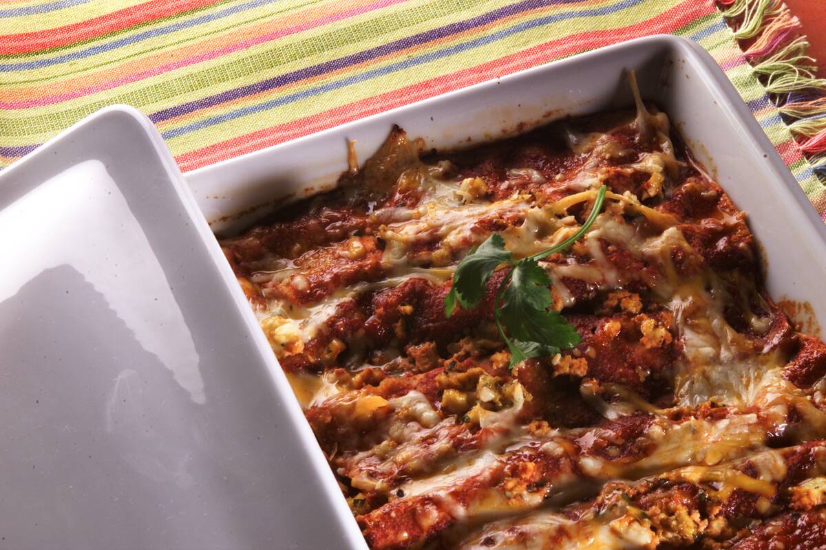 Tofu Enchiladas. napkins and casserole dish from Crate and Barrel