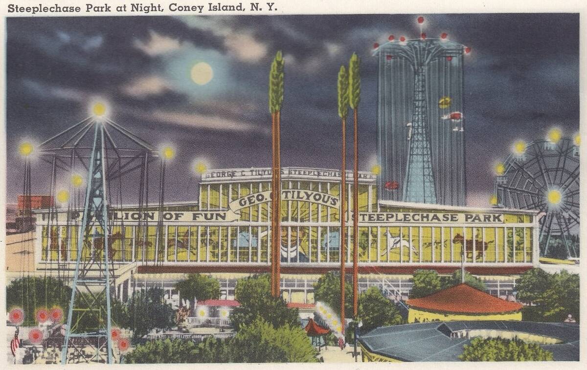 Vintage souvenir postcard, Coney Island, Steeplechase Park, Brooklyn, New York City, 1940