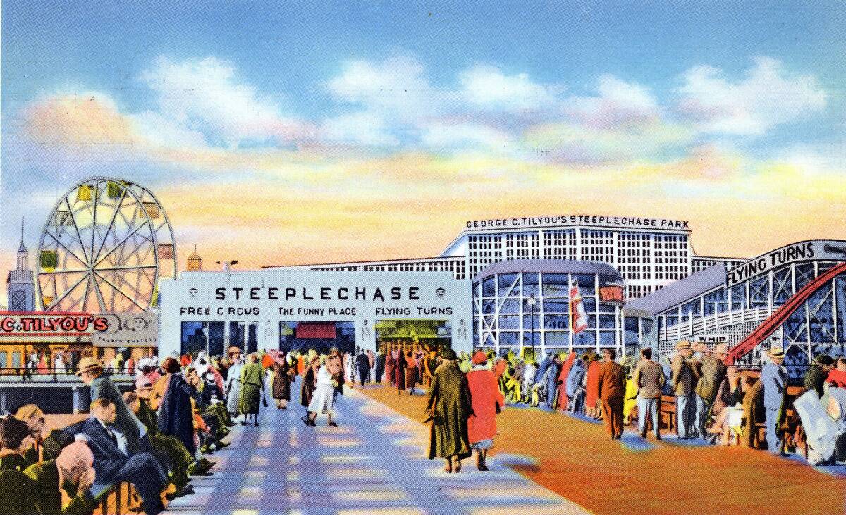 Vintage souvenir postcard, Steeplechase Amusement Park, Coney Island, New York City, 1936