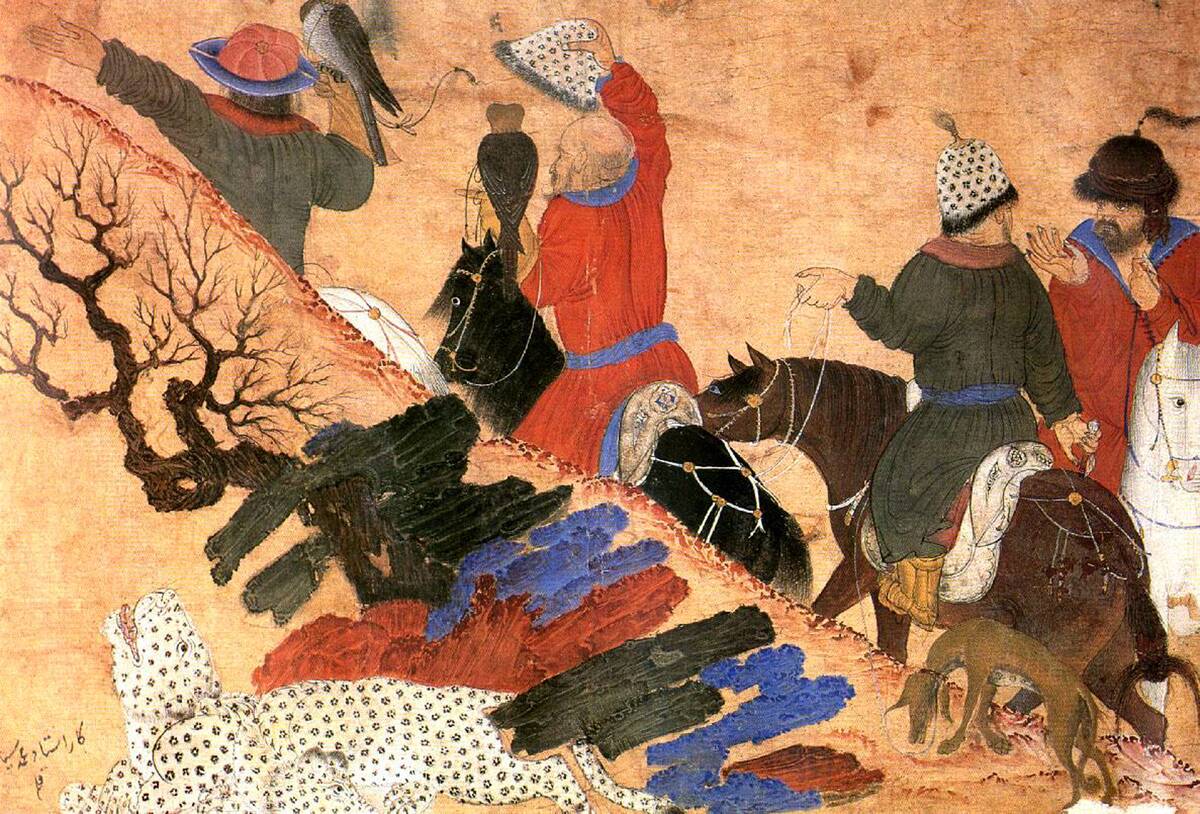 A hunting party with dogs and falcons a leopard looks on.