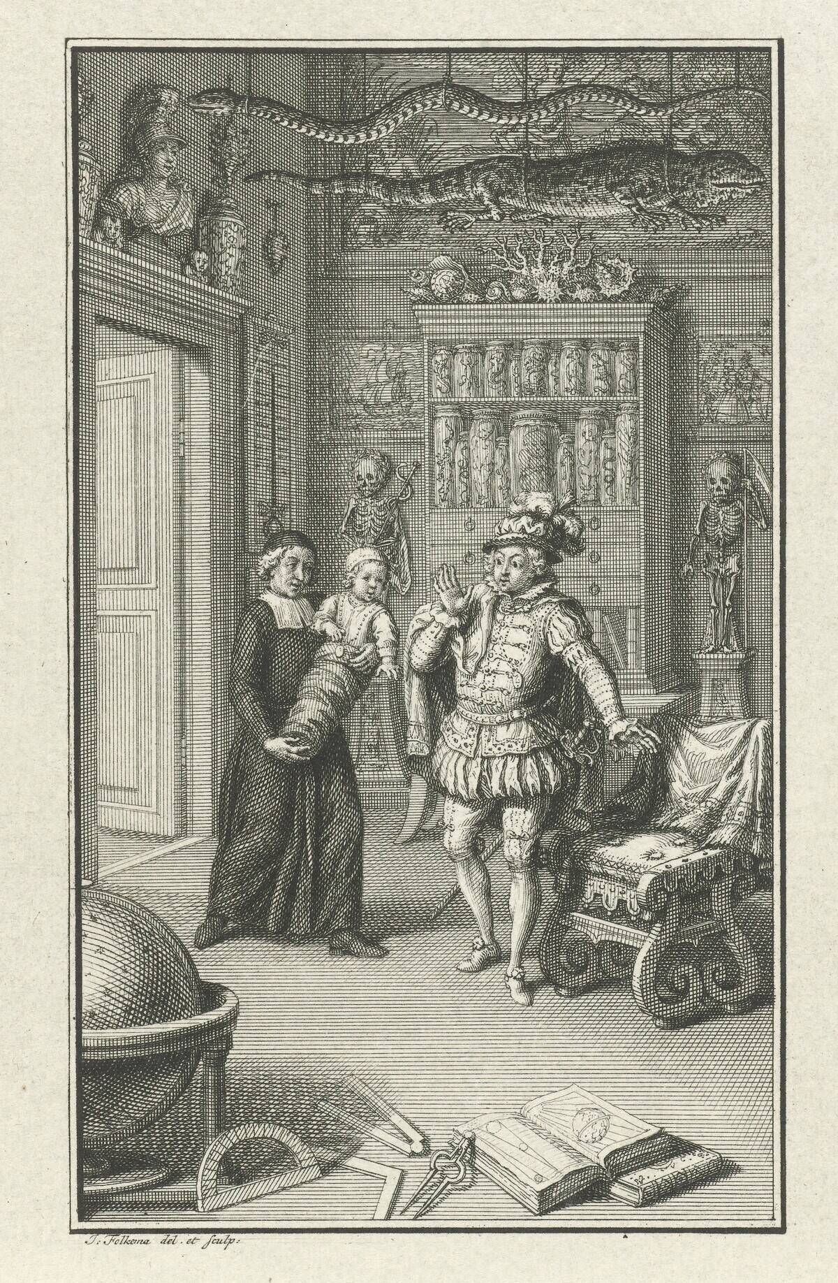 A nobleman and a cleric with a child in a cabinet of curiosities