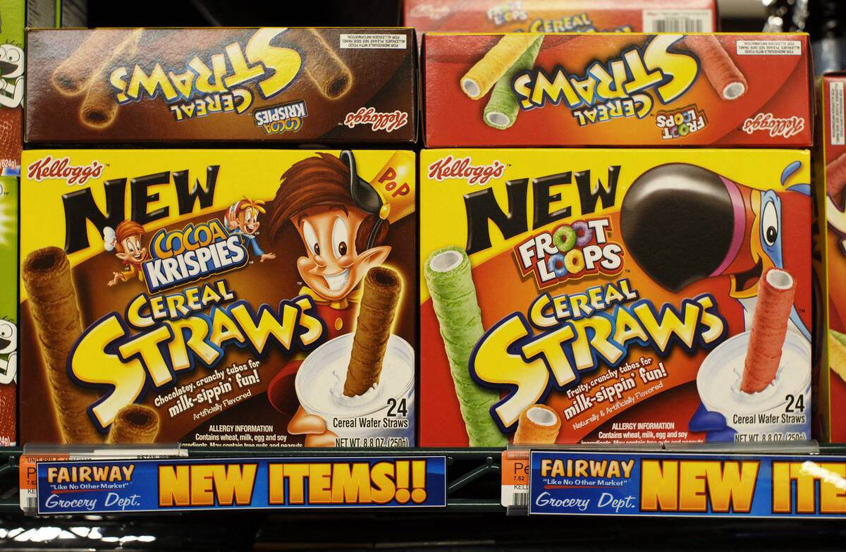 Boxes of Kellogg's edible Cereal Straws are displayed on a s
