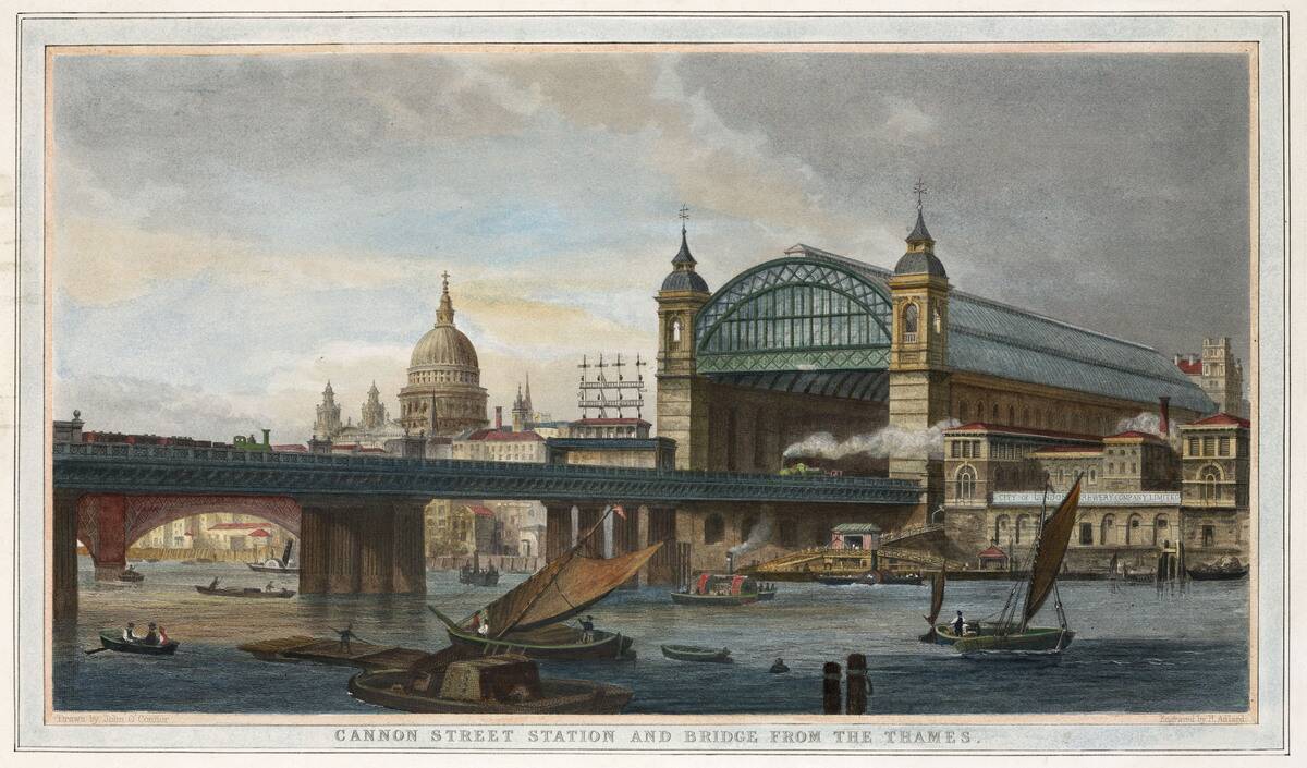 Cannon St Station and Bridge from the Thames, London, 19th century.