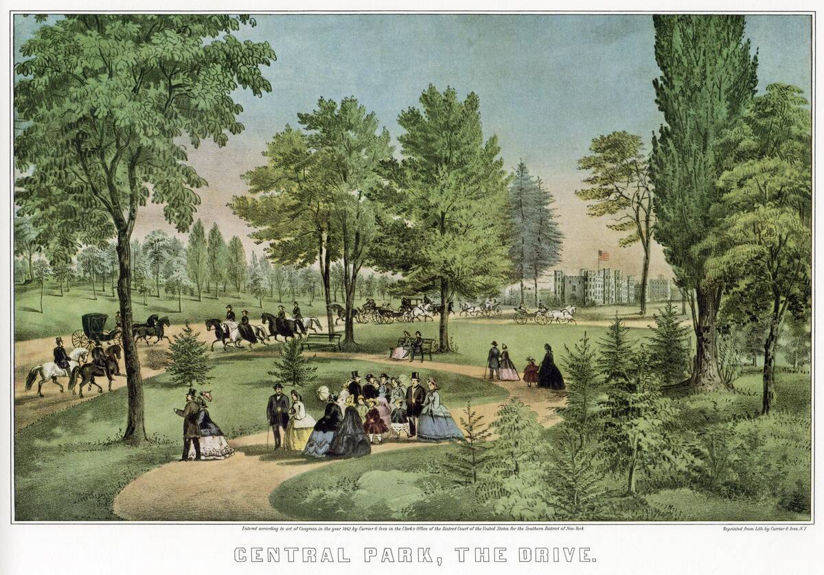 Central Park: The Drive (1862), drawing from the book Currier and Ive's America, Crown Publisher NY, 1952