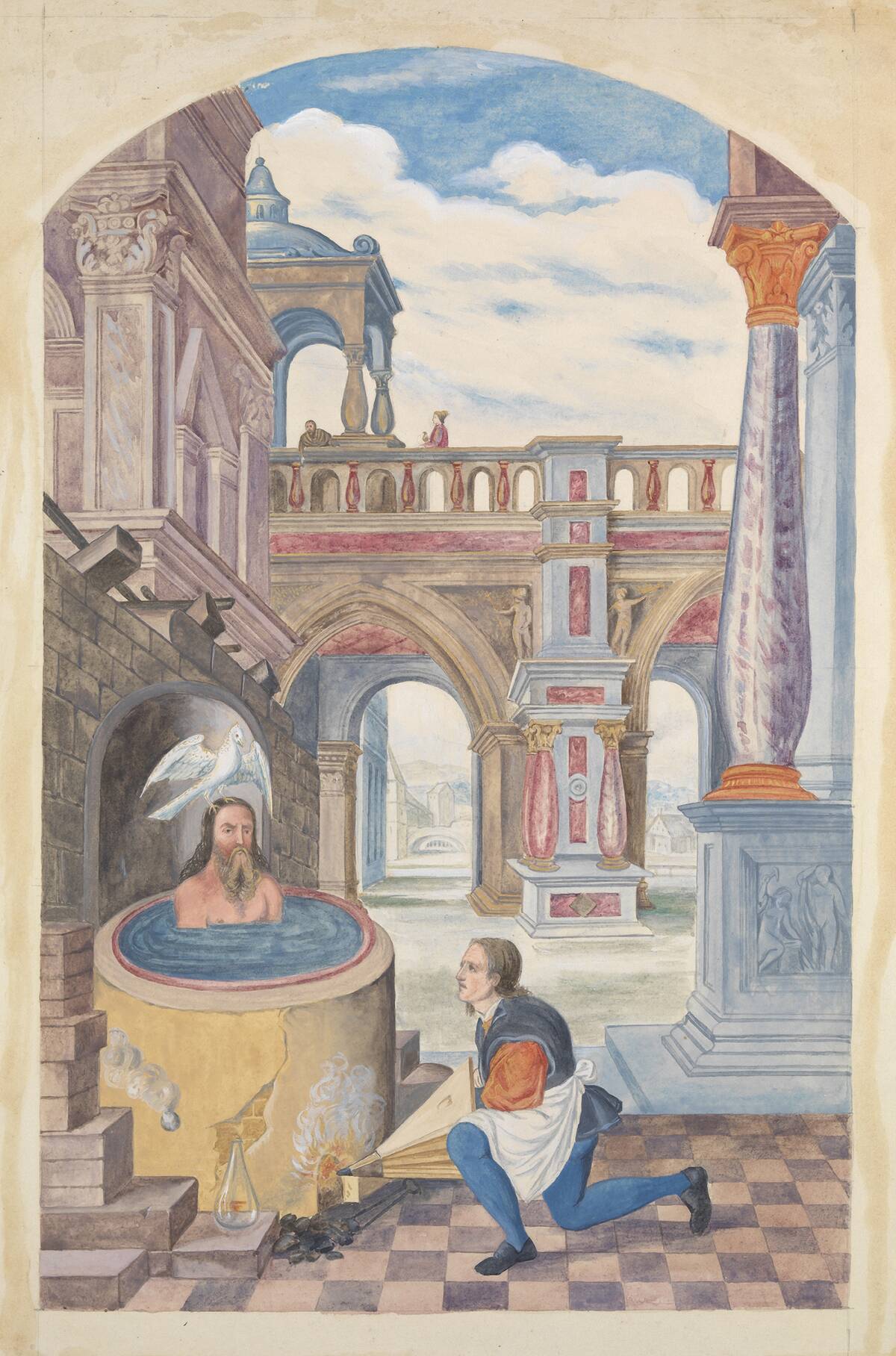 Christ-Like figure cleanses himself in a tub of hot water