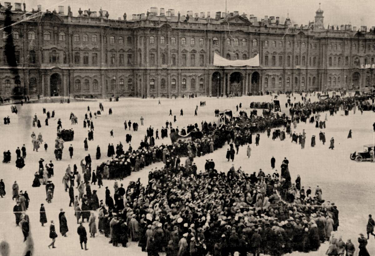 Demonstrators Gather In Front Of The Winter Palace In Petrograd
