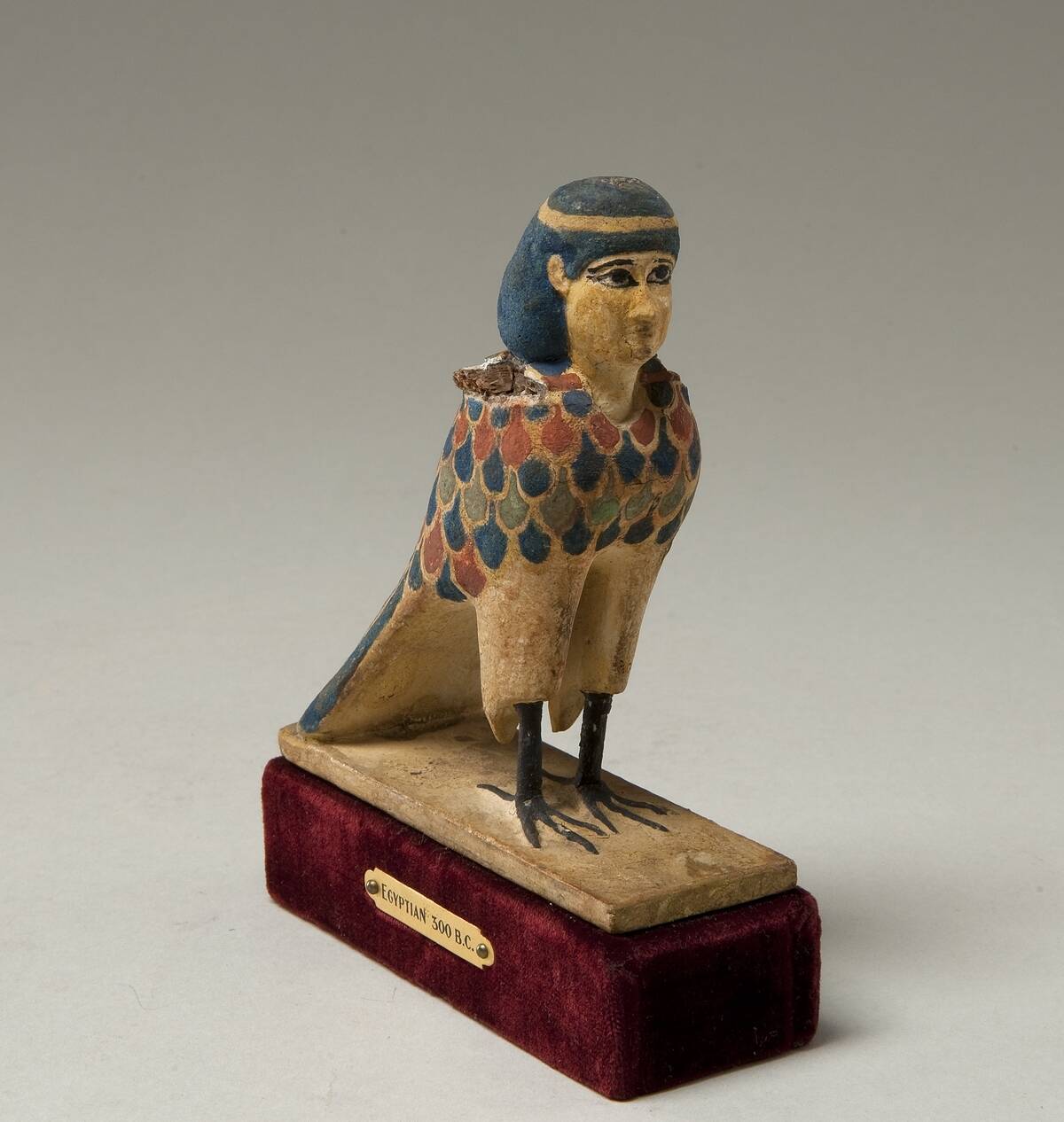 Egyptian: Statuette of a Human-Headed Ba-Bird, Unidentified artist, Egyptian, circa 300 BCE, Polychrome wood, Overall: 4 1/4 x 3 7/8 x 1 1/2 in. (10.8 x 9.8 x 3.8 cm)