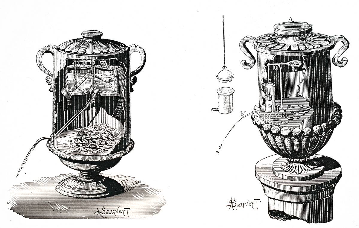 Engraving depicting a penny-in-the-slot vending machine