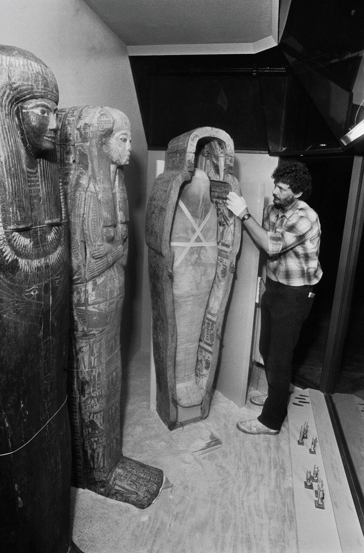 Exhibit Installer Cautiously Adjusting Mummies