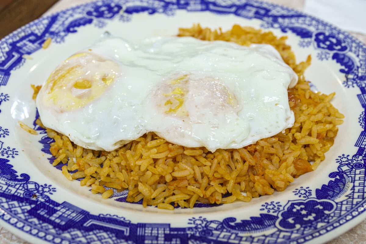 Mexico City, Mexico, Sanborns Coyoacan, blue plate lunch, yellow rice fried eggs