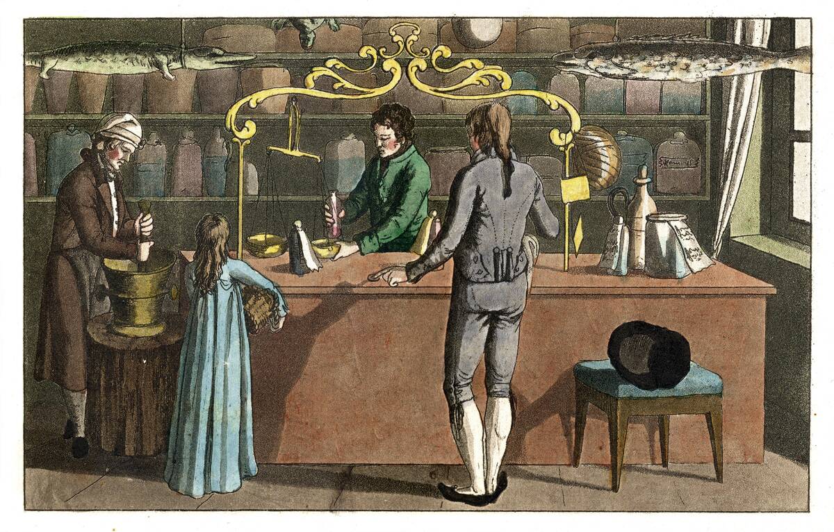 Professions: Pharmacist. From: Gallerie Der Vorzüglichsten Künste. Zürich Leipzig. Colored Lithograph. 1820.