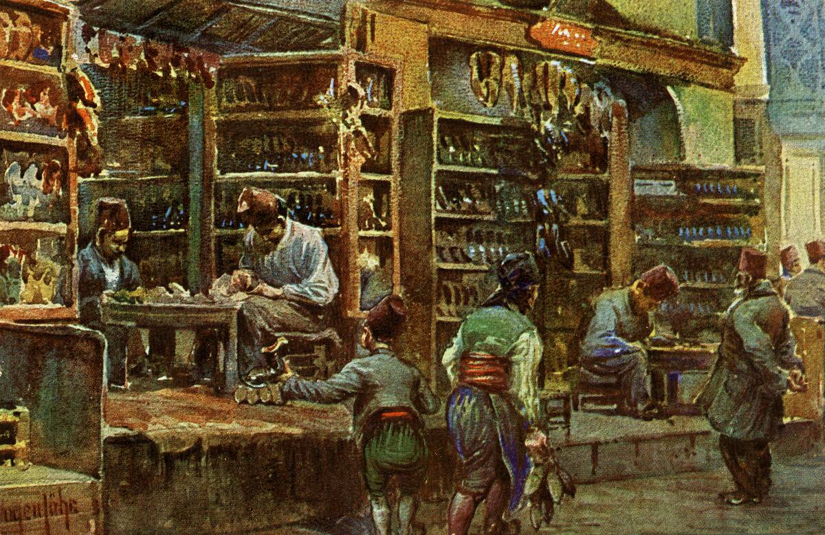 Shoe shops in the Grand Bazaar, Istanbul, Turkey, c19th