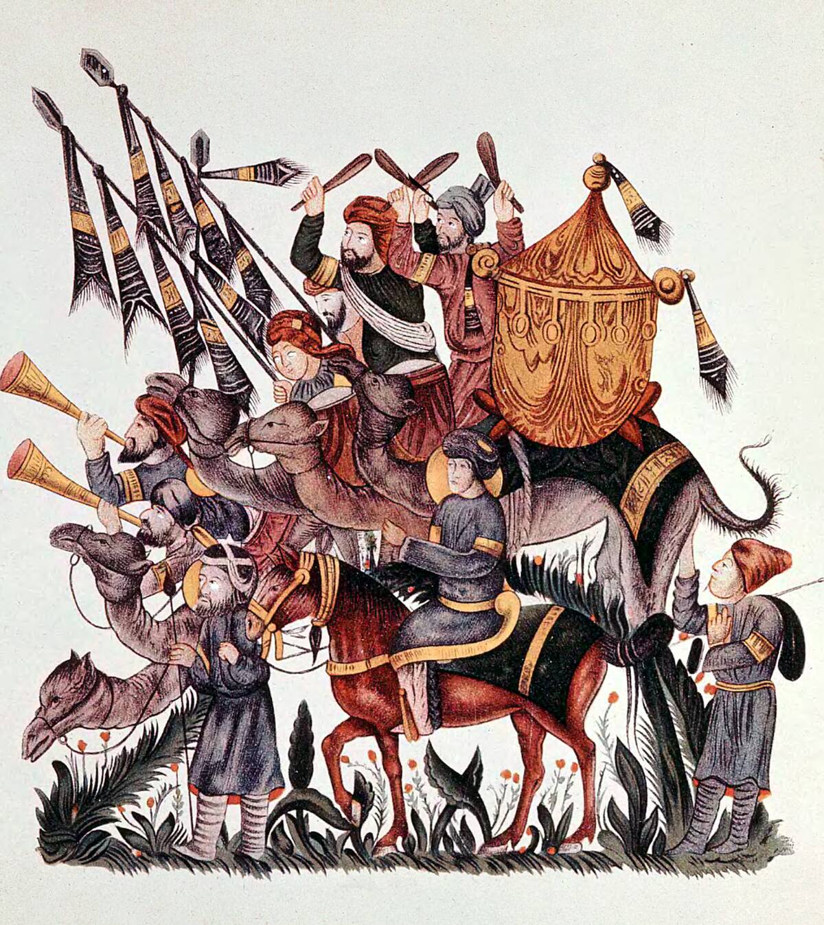 Standard bearers, drummers and trumpeters of a Saracen army, 13th century.